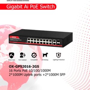 OXION OX-GPS2016-2GS 16-Port Gigabit Ai PoE Switch+2GE+2SFP Uplink with 250M Long Range (300W) Best price in Dubai, UAE and Africa